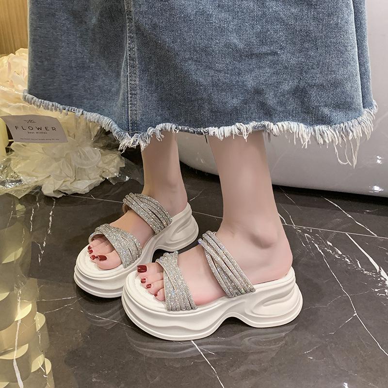 2025 New Fairy Rhinestone Word with Cool Slippers Waterproof Table High Heel Slippers Female Summer Wear Cool Slippers