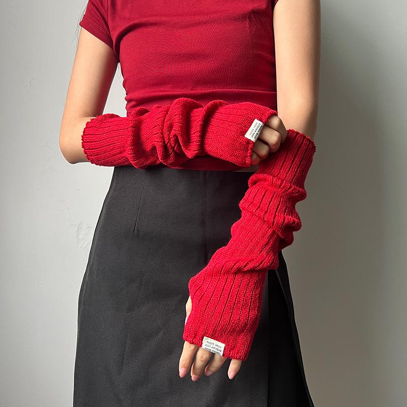 Red Knitted Arm Cover Hip-Hop Long Fingerless sleeves Stretchy Elbow Decoration Thumb Hole Gloves Teens Cosplay