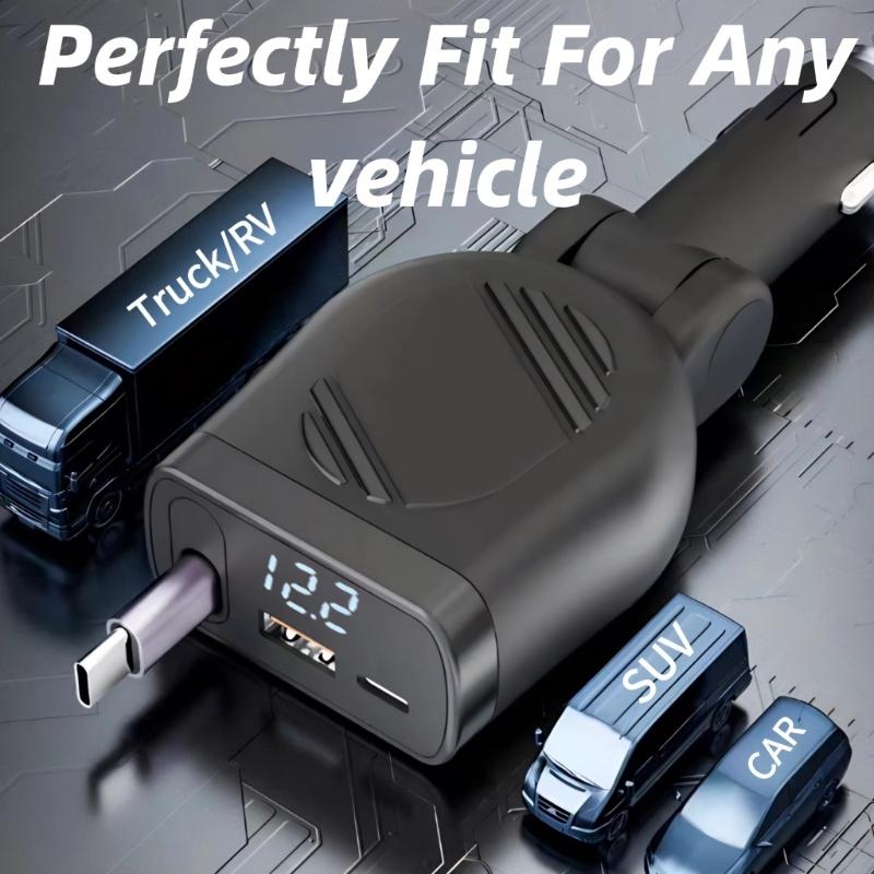 120W Retractable Car Charger 4 in 1 Fast Car Phone Charger with Cord USB C Car Adapter for Phone Tablet Laptop Devices