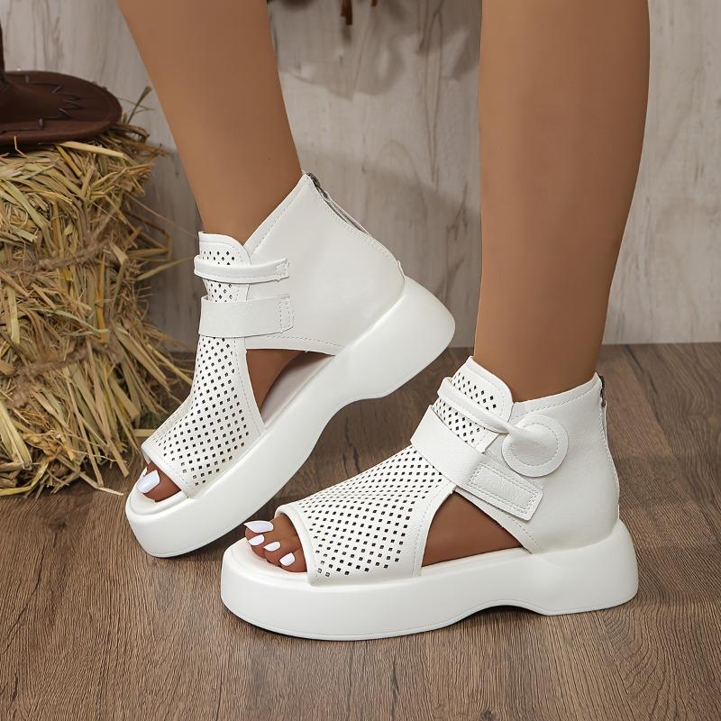 Women's Fashionable Versatile Fishbone Cutout Design Chunky Sole Breathable Roman Sandals