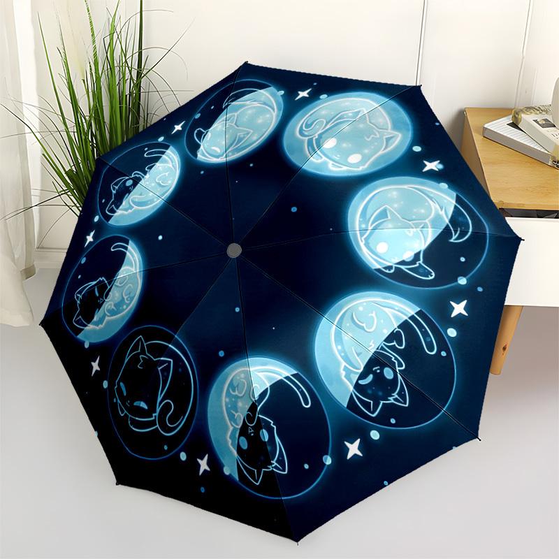 1pc Moon Cat Automatic Open/close Folding Compact Umbrella, 8-Rib Sturdy Canopy, Lightweight Portable, Everyday Use, Gift, Outdoor Umbrella, Travel Es