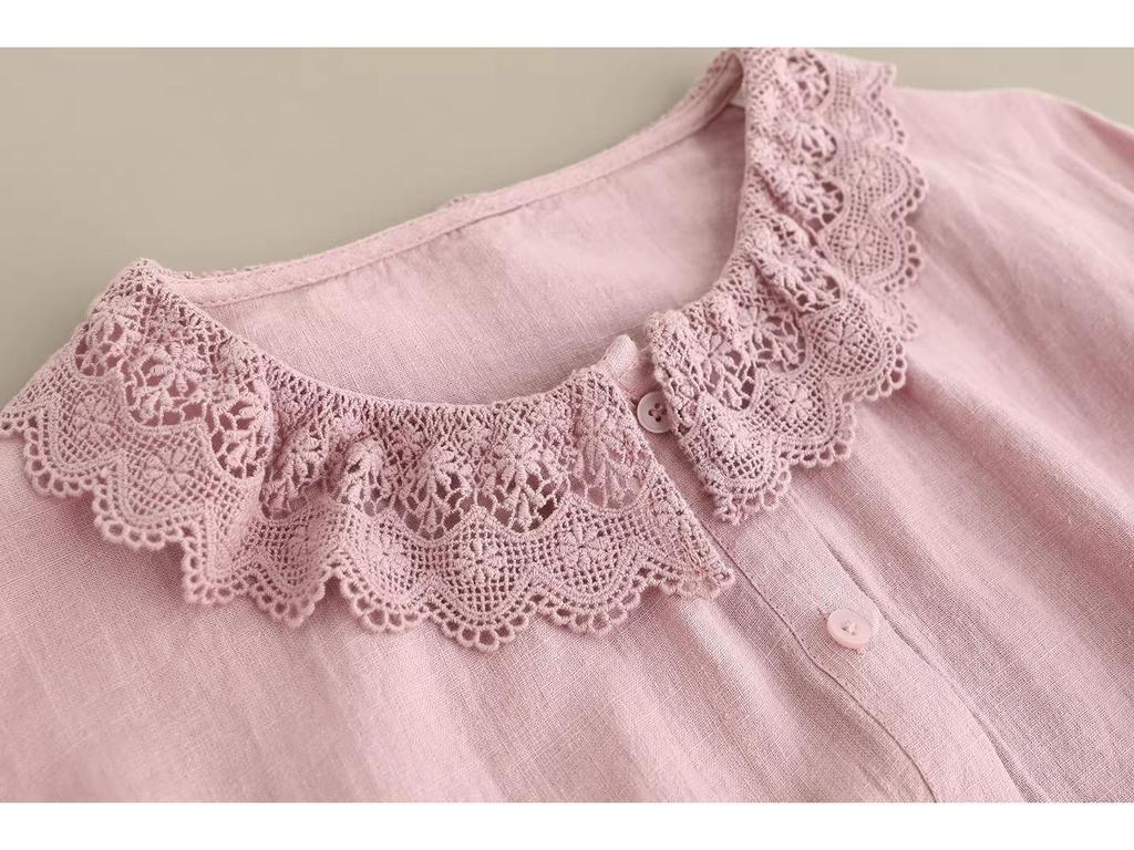 French Lace Patchwork Long Sleeve Doll Collar Linen Shirt