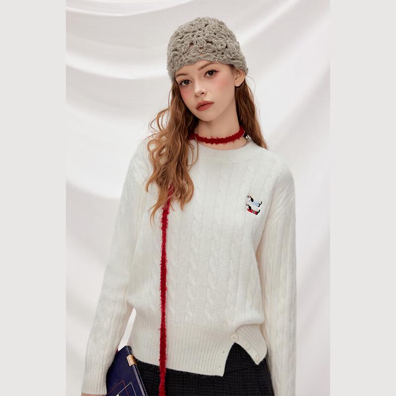 UNIFREE Women's Cable Knit Puppy Embroidered Round Neck Sweater