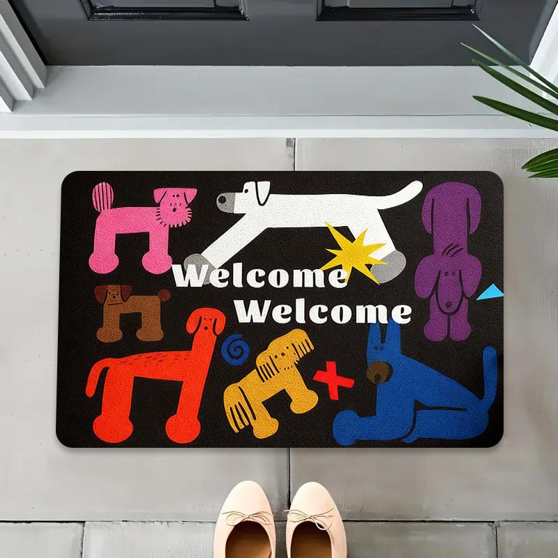 

Naughty Puppy Doormat-Colorful dog silhouette on black background, non-slip for entrance or pet lovers home decoration 80x120cm