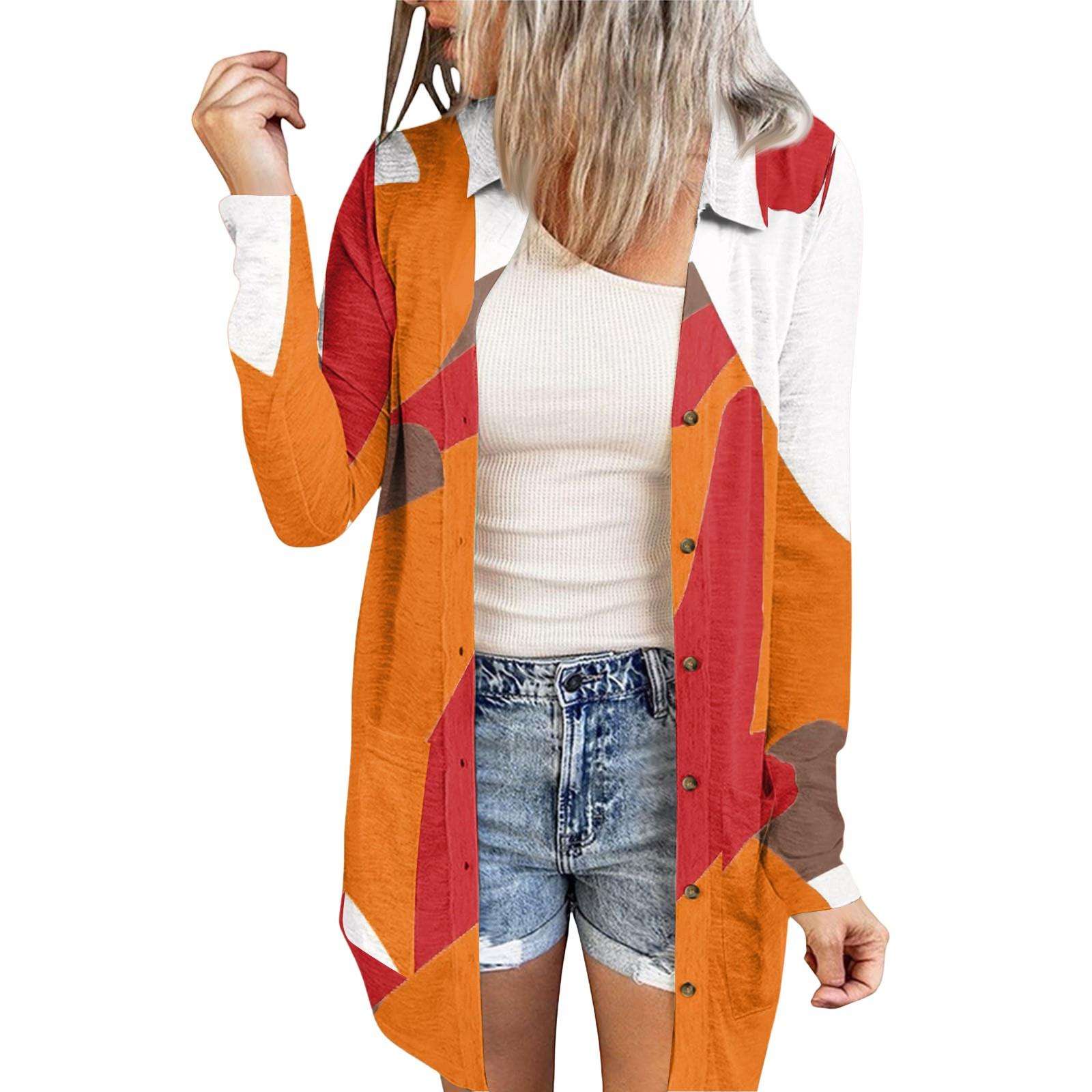 

Женский повседневный модный кардиган-жакет средней длины с длинными рукавами и цветочным принтом XXL оранжевый