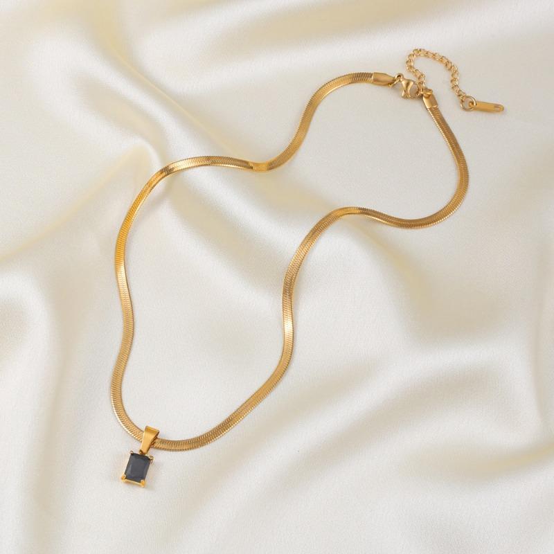 Gold Plated Stainless Steel Herringbone Chain Necklace with Pink Square CZ Pendant