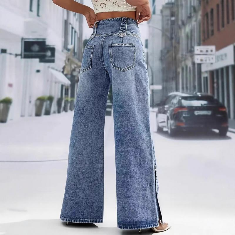 2026 Spring/Summer New Women's Denim Pants with Split Hem, High Waist, Vintage Buttoned Wide-Leg Jeans