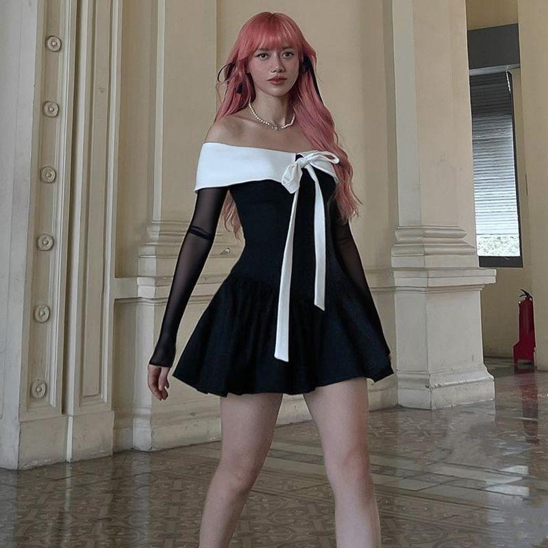 

French Style Retro Anti-Aging Black and White Contrast Color Bows off-Shoulder Dress Women s Pure Desire Elegant Silm A- line Skirt Black Long sleeves S