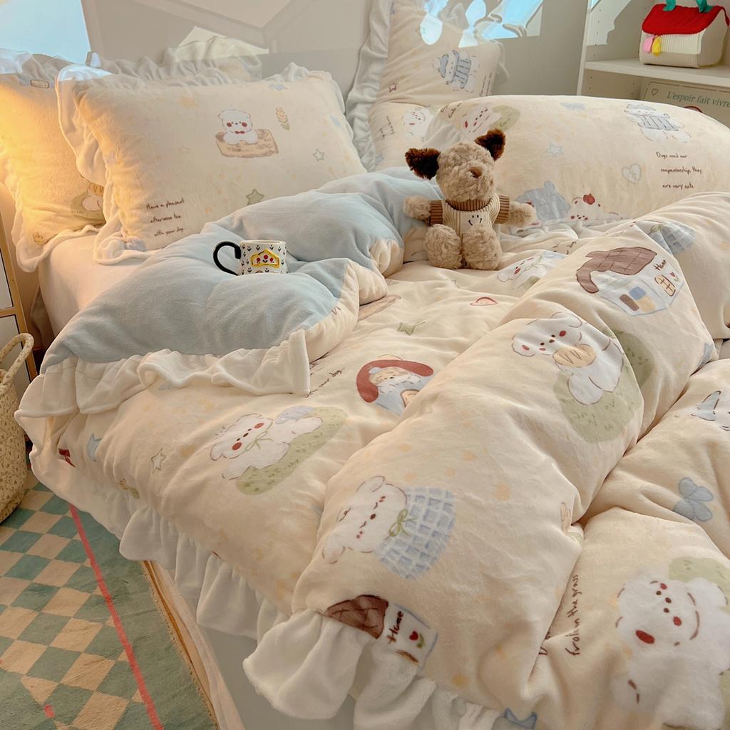 Thickened Milk Fleece Bed Four-Piece Set, Cute Lace Coral Fleece Quilt Cover, Fleece Bed Sheet Three-Piece Set