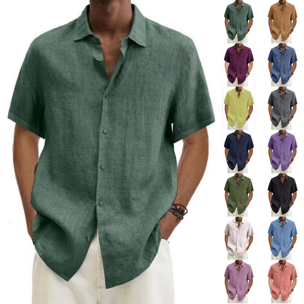 Men's Casual And Fashionable ,color Lapel Button Cardigan, Cotton And Linen Men's Short,sleeved Top