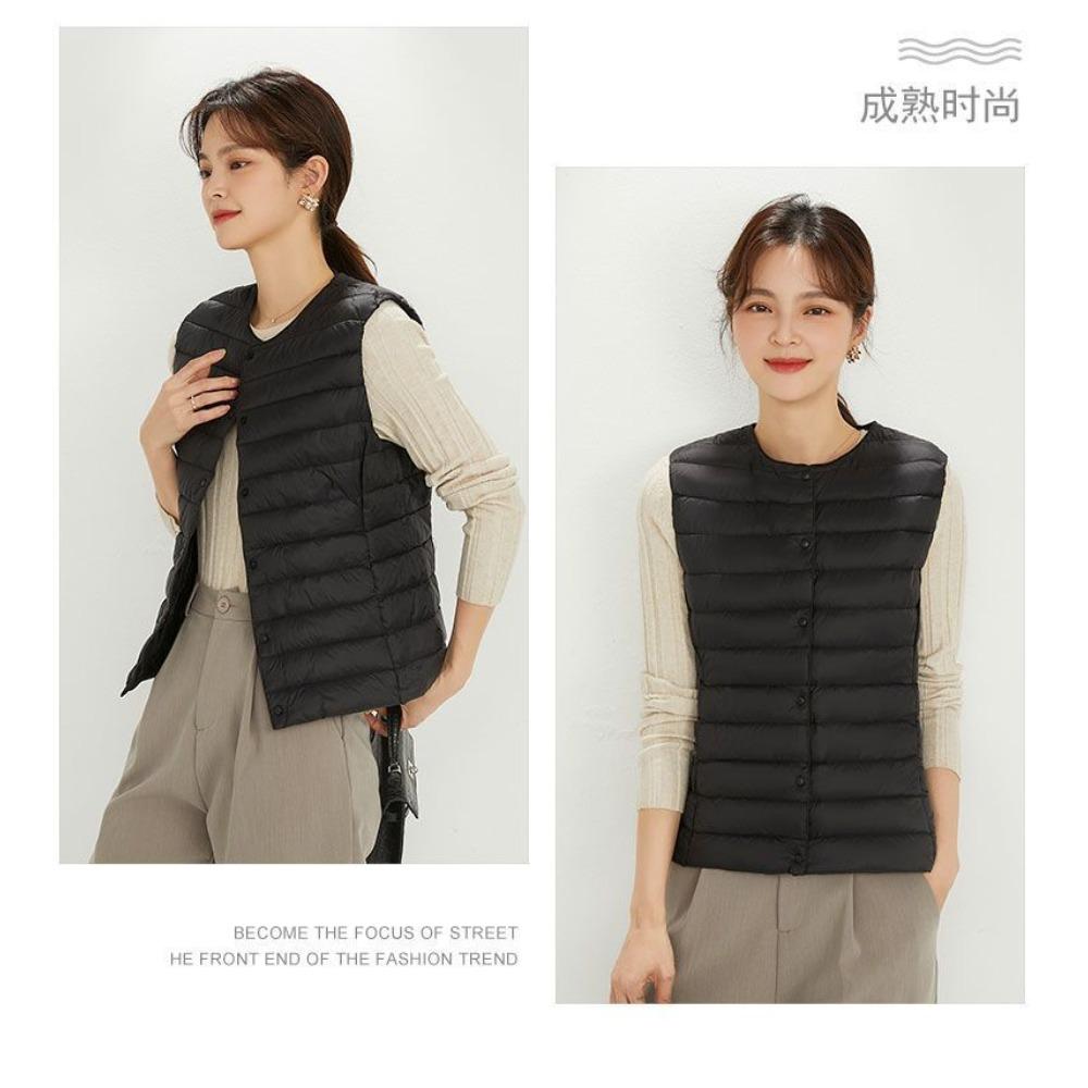 Women Collarless Down Vest Lightweight V Neck Warm Inner Liner Plus Size