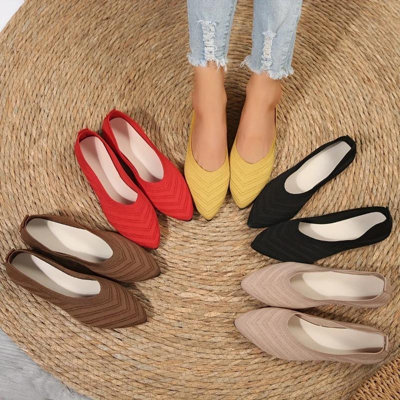 Fashion Pointed Toe Flat Shoes Women Solid Color Knitted Slip On Shoes Casual Breathable Ballet Flats Women Loafers Comfort Ladies Shoes
