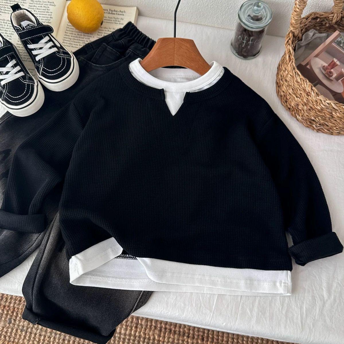 

Модный мужской худи 2025 года в стиле колор-блок - Имитация двухслойной кофты с длинным рукавом для весны и осени 140 cm чёрный