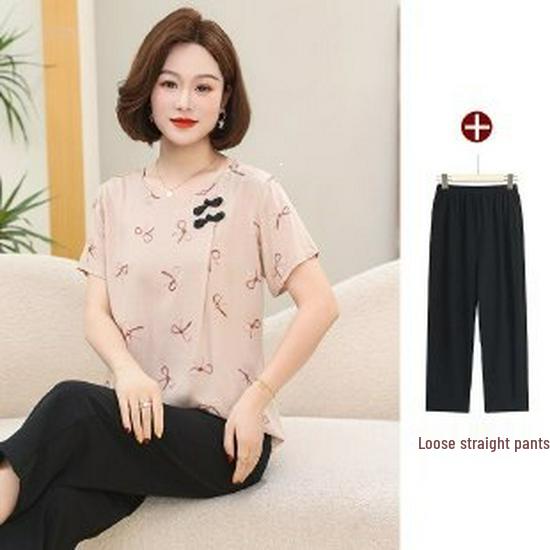 2026 Elegant Mother’s Two-Piece Summer Set: Chic Short-Sleeved Top for Middle-Aged & Elderly Women
