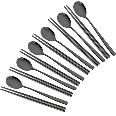 Jankng Western 6Set ( 12 szt ) Czarne naczynia stołowe 304 ze stali nierdzewnej, długie uchwyty, łyżki, pałeczki, metalowy koreański zestaw sztućców