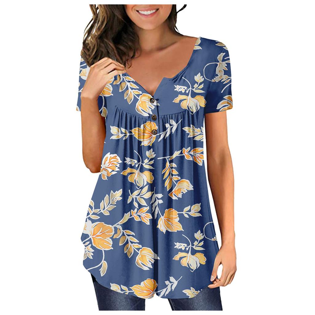 Damen-Pullover, lässig, modisch, Übergröße, bedruckt, kurzärmelig, Knopfleiste, V-Ausschnitt