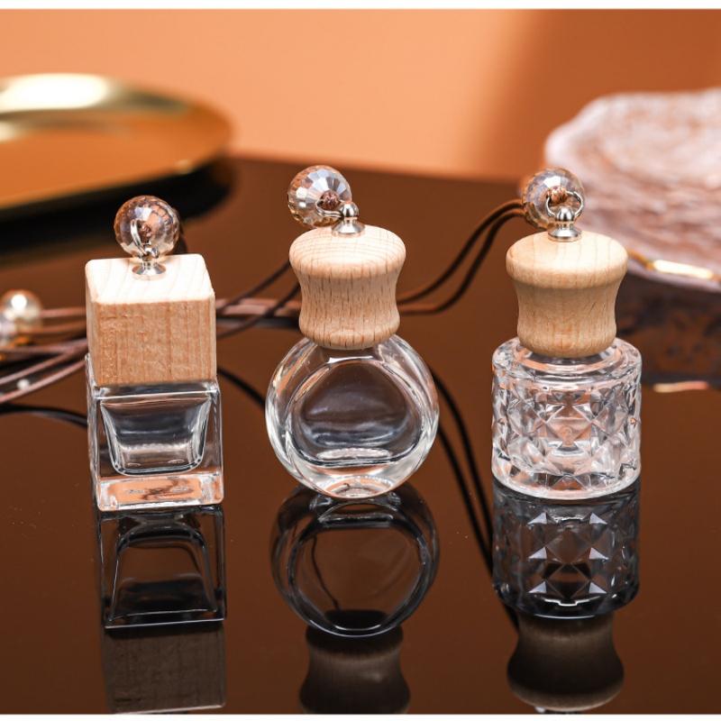 1Pcs Empty Glass Essential Oil Diffuser Bottle With Wooden Cap Car Hanging Perfume Bottle For Auto Aromatherapy Decoration
