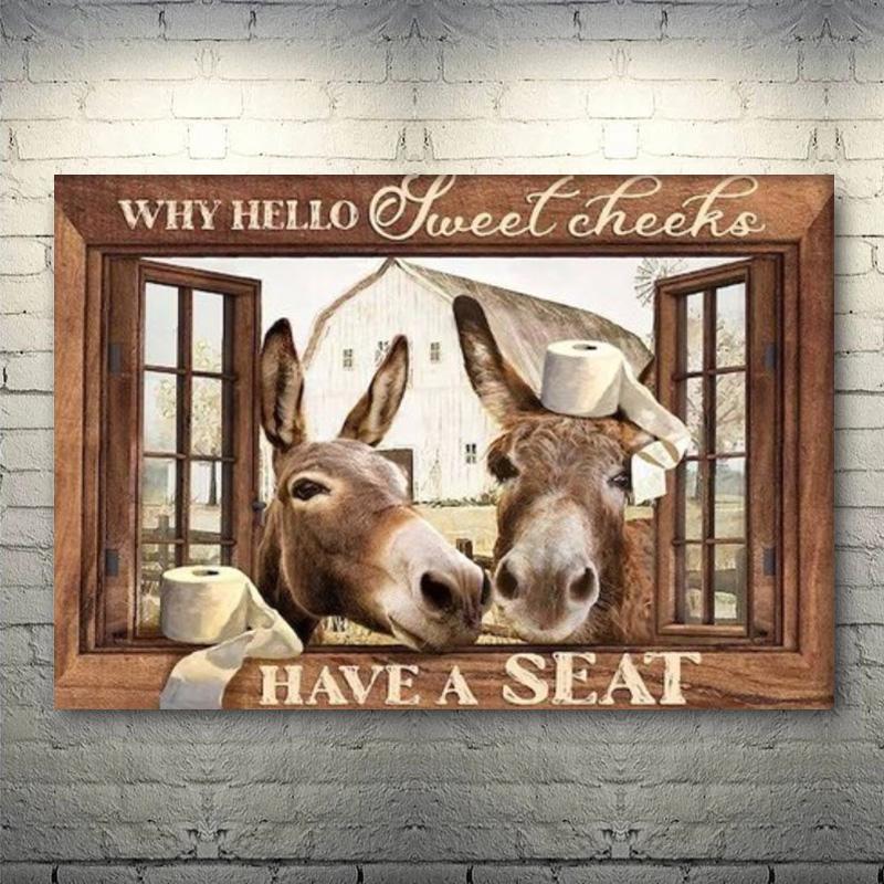 "Have a seat" Cows By The Window Poster Vintage Animals Cow Donkey Canvas Painting Farmhouse Wall Art Pictures Farm Home Decor