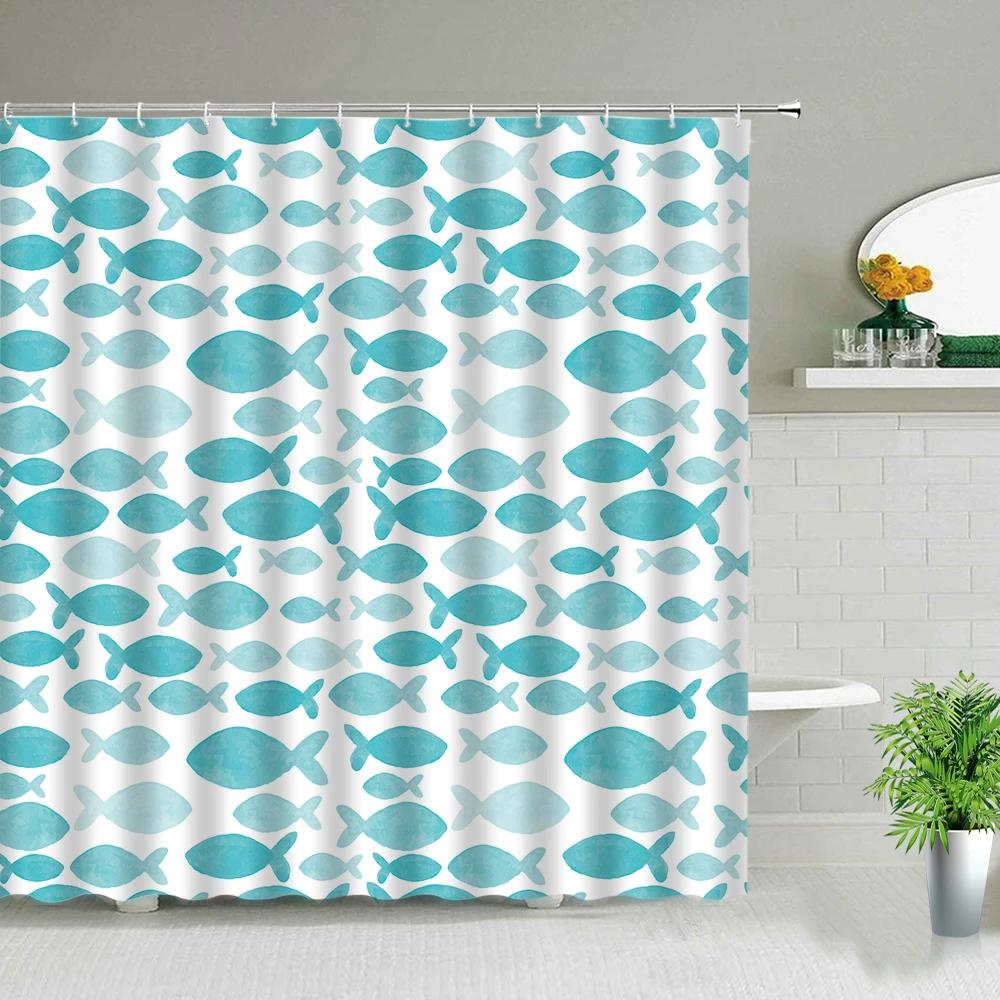 Cortinas de Chuveiro Peixe Tubarão Desenhos Coloridos Vida Marinha Banheiro Infantil Decoração de Casa Conjunto de Cortinas de Tecido Telas de Banho Impermeáveis