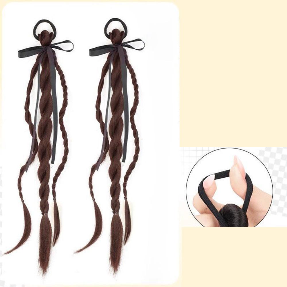 Synthetic Wig Double Twist Braid Head Rope Ribbon Female Sweet Natural College Style Bow Tie  Double Ponytail Wig Head Rope