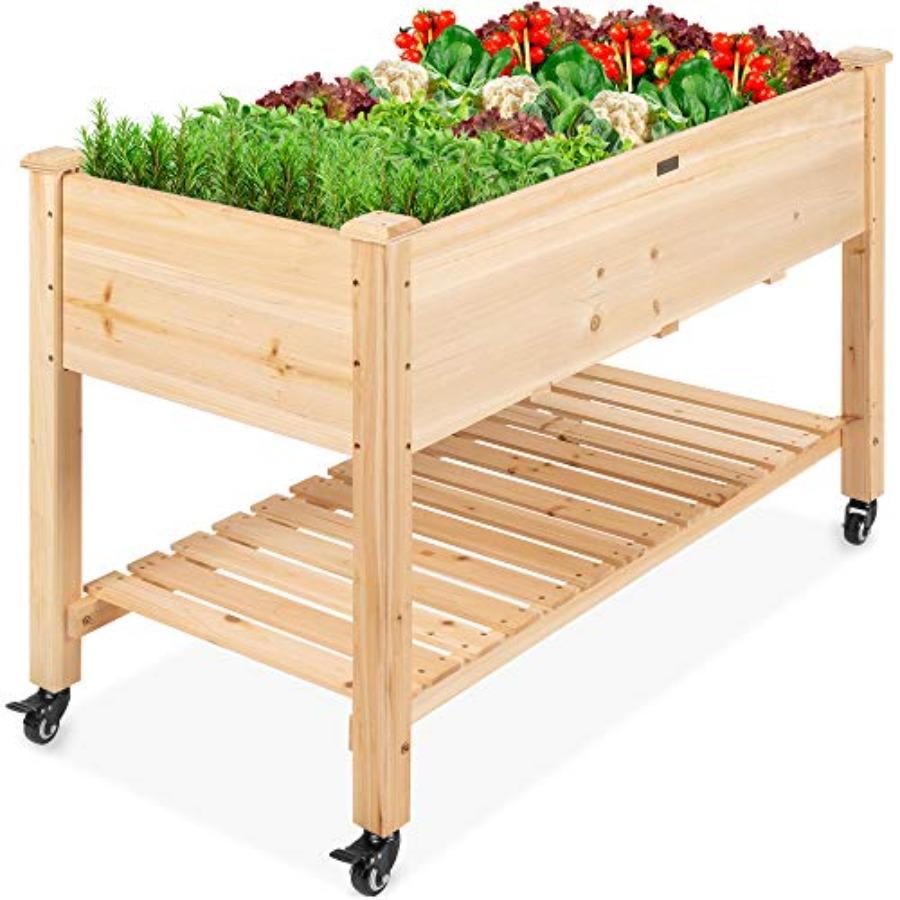 

Raised Garden Bed 48x24x32-inch Mobile Elevated Wood Planter with Lockable Wheels and Storage Shelf Natural Color Durable Wood United States