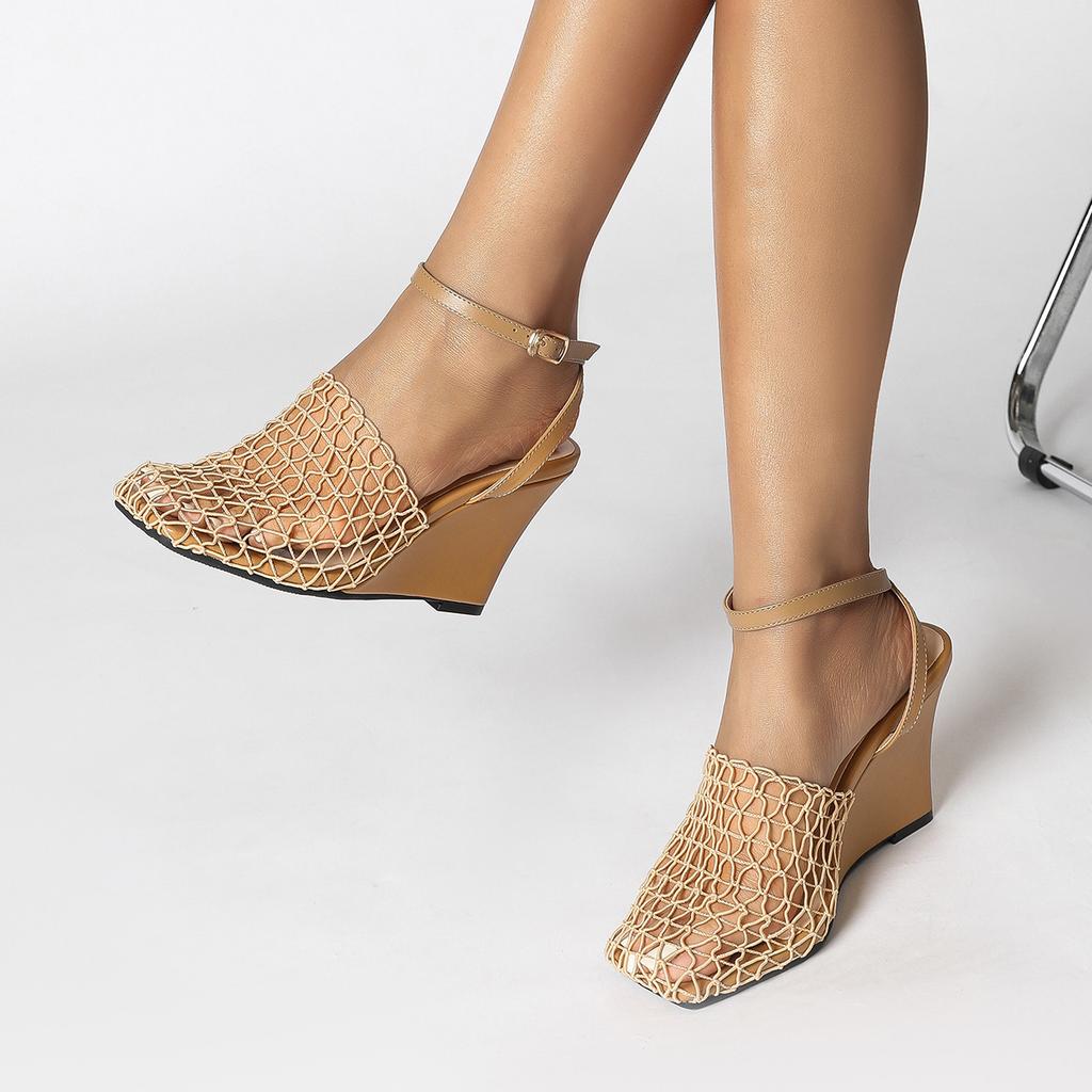 European And American Wedge Heel Flip-Flops With A Sense Of Design Hollowed-Out Woven Fishing Net Shoes Single Shoes