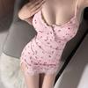 Pink cherry girl pure desire splicing lace print sweet tight hip wrap dress cute woman