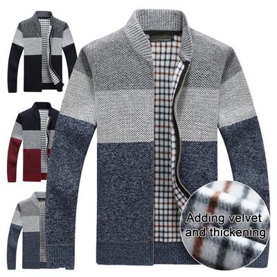 Men Sweater Coat Thick Plush Colorblock Zipper Closure Stand Collar Knitted Loose Keep Warm Jacket Autumn Winter Cardigan Outerwear