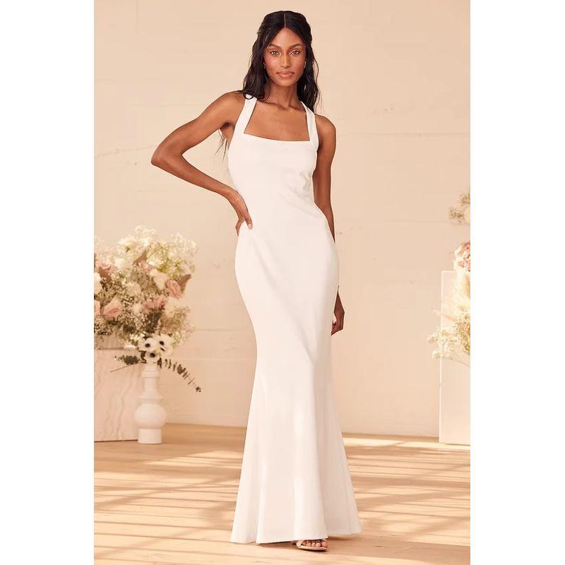 

Single French Style Square Collar Socialite Adult Lady like Woman Elegant Sexy Open Back Niche Style Special Personalized and Slim-Looking Dress White XL