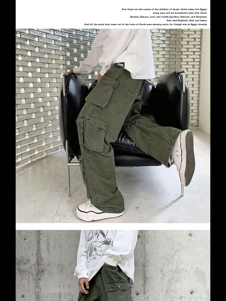 Men's American-Style Multi-Pocket Retro Hip-Hop Loose Straight Workwear Pants