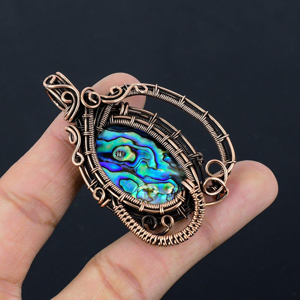 Abalone Shell 999 Copper Wire Wrapped Pendant, Handmade Gemstone Pendant Jewelry, Gifts For Wife Brand New Pendant