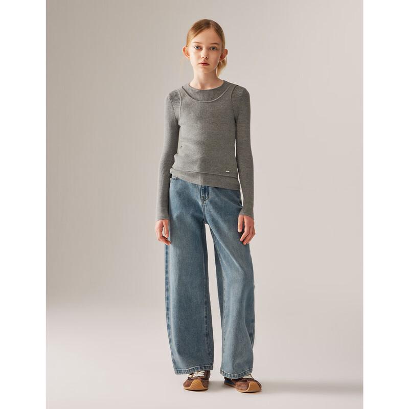 ELLE KIDS Girls' Faux Two-Piece Round Neck Knit Sweater