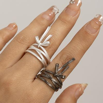 Sweet Cool Wind Metal Ribbon Bow Ring Temperament Pearl Open Ring Bow Rings