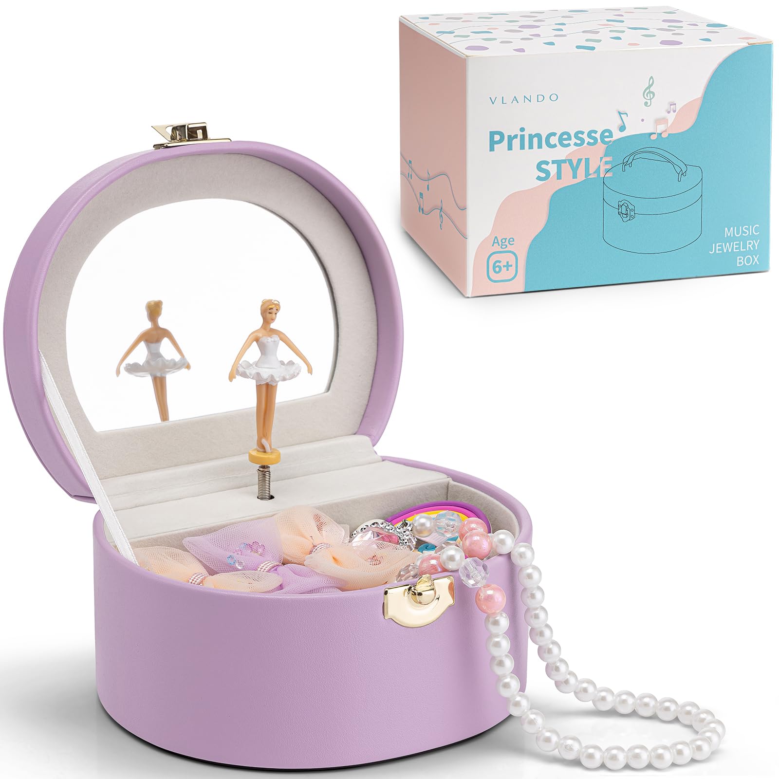 

Vlando Birthday Gift Music Box, Jewelry Box with Mirror, Semi-Circular Design, Gift for Daughter, Portable Music Box for Children, Ballet Recital Gift