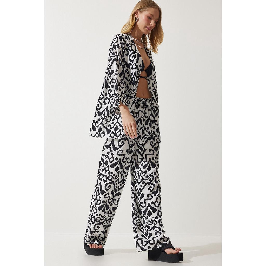 Zestaw damskich spodni kimono palazzo w kolorze pomarańczowym, wzorzystym En00614