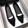 Fashion 2025 Spring Black Bling Women Flats Elegant Pointed Toe Footwear Classic Bowknot Shallow Slip-on Soft Sole Date Shoes for Lady