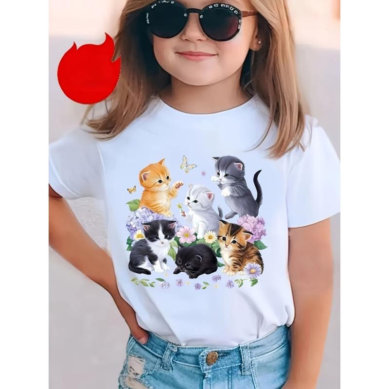Dívčí tričko s potiskem kreslené kočky Polyesterové Letní Oblečení pro malé školačky Krátký rukáv Dětský top Kawaii Trička Dívčí topy