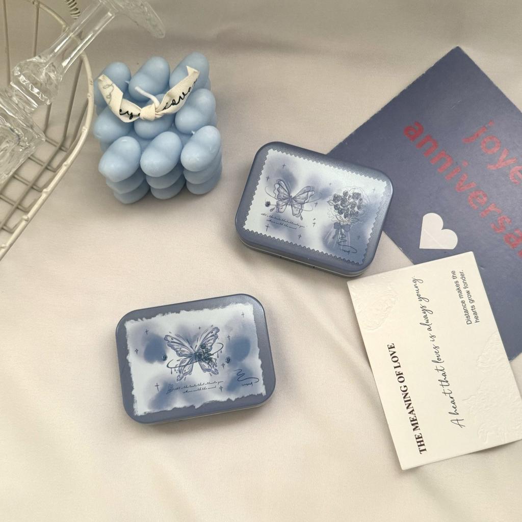 Romantic Ice Blue Rose Contact Lens Box Portable Contact Lens Case Companion Care Box Contact Lenses Case with Mirror Tweezers