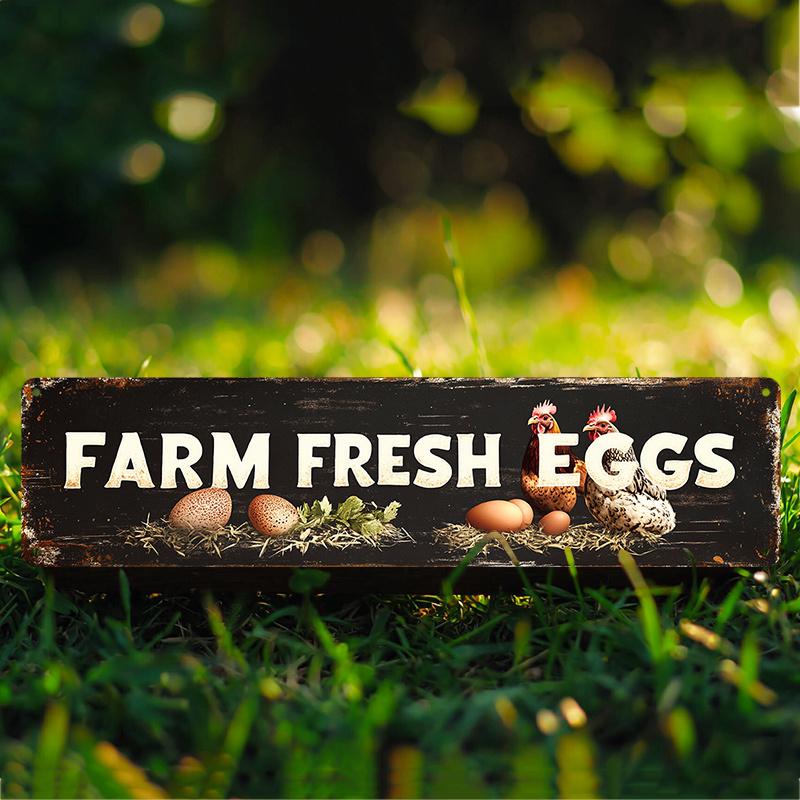 2D Flat, 1pc Vintage Farm Fresh Eggs Metal Sign - Rustic Wall Decor with Chicken & Egg Design, Weather-Resistant Indoor/Outdoor Art for Home, Porch, G