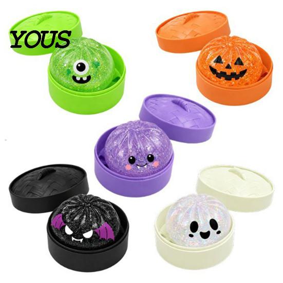 Portable Stress Reliever Halloween Dumpling Relief Toy, Cartoon Steamed Bun Squeeze Toy with Steamer, Sensory Ball Fidget Party Favors TPR