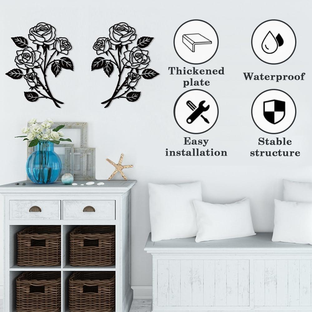 SITAKEGS 2pcs Metal Rose Wall Decor 11.8x9.4in Black Flower Sculpture Floral Art Hanging Ornament for Living Room Bathroom Bedroom Kitchen Garden
