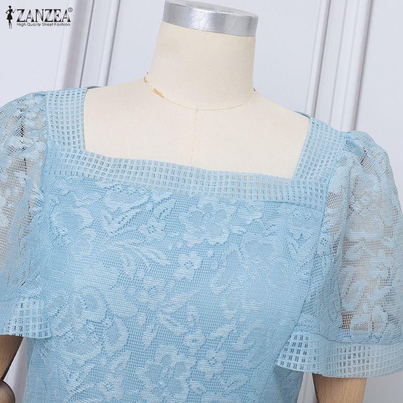 ZANZEA Women Elegant Square Collar Short Sleeve Lace Patchwork Dress