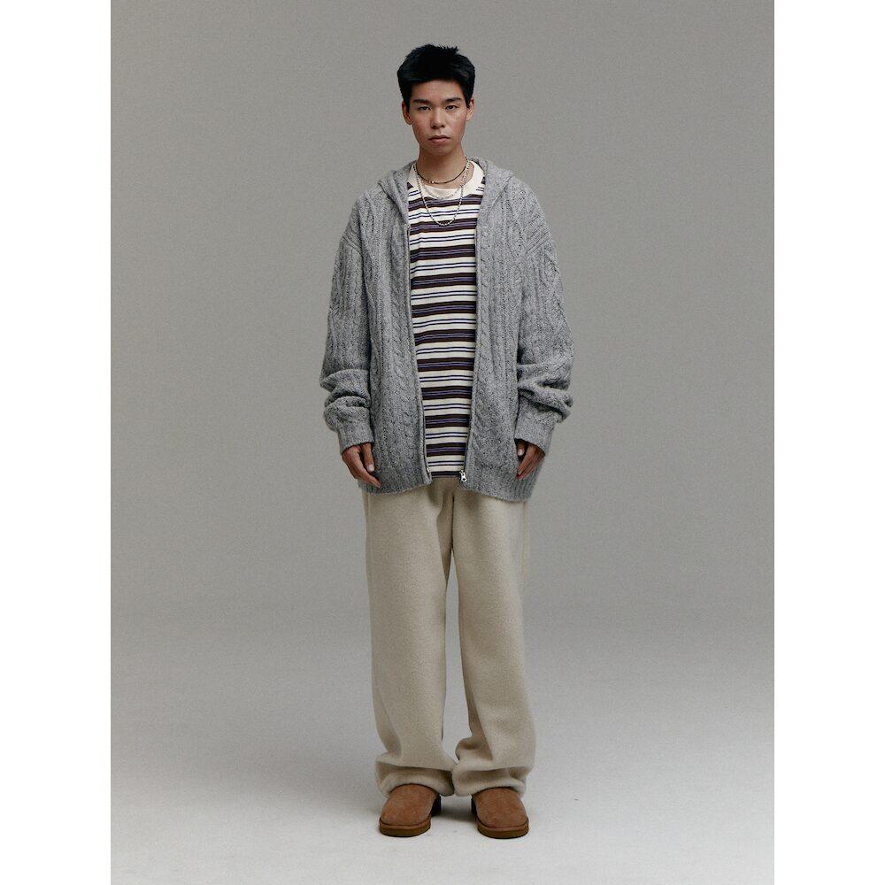 Sand Sound (Unisex) Wool Blend Cable Knit Zip-Up Hoodie Grey