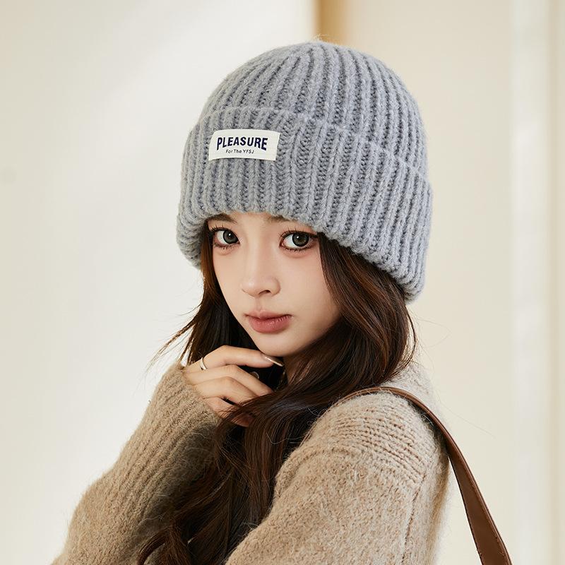 Coarse Needle Cloth Label Knitted Hat Women's Winter Outdoor Thickened Warm Cover Wool Hat