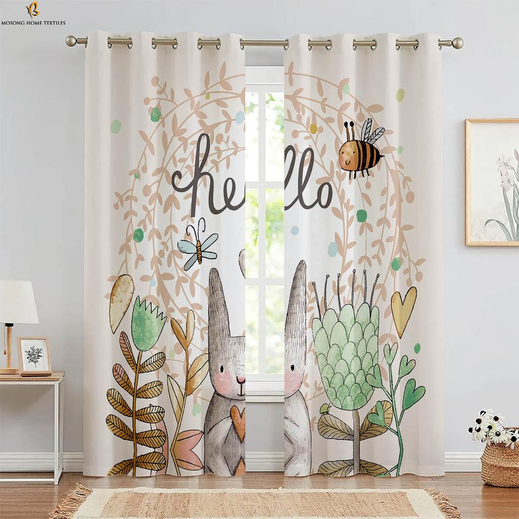 Set Of 2 Easter Decorative Curtains Retro Cartoon Rabbit Print Bedroom Living Room Children Curtain For Sitting Made Polyester