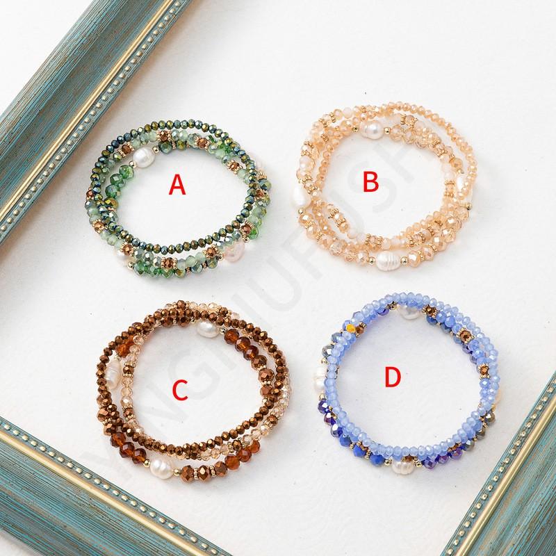 Handmade Bohemian Style Crystal Beaded Bracelet Set Women - Green Yellow Coffee Blue Color Options Natural Pearl Plastic CCB