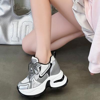 10 Inner Height Increase Dad Shoes Women's Spring and Summer Leather Mesh Breathable Small Muffin Casual Sports Shoes