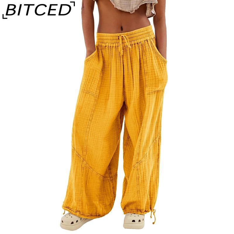 BITCED 8 Color Women High Elastic Waist Trousers Wide Leg Loose Pants Deep Vest Pleated Ankle Pockets Solid Color Soft Ladies Casual Pants