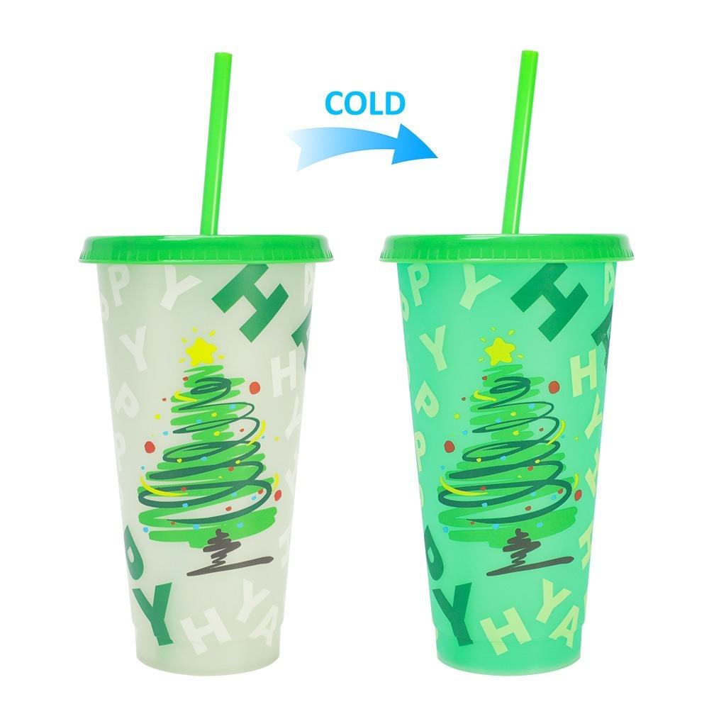 24oz Capacity Color Changing Cup With Straws With Lids Iced Coffee Cup Reusable Plastic Material Cold Drink Cup Christmas Party