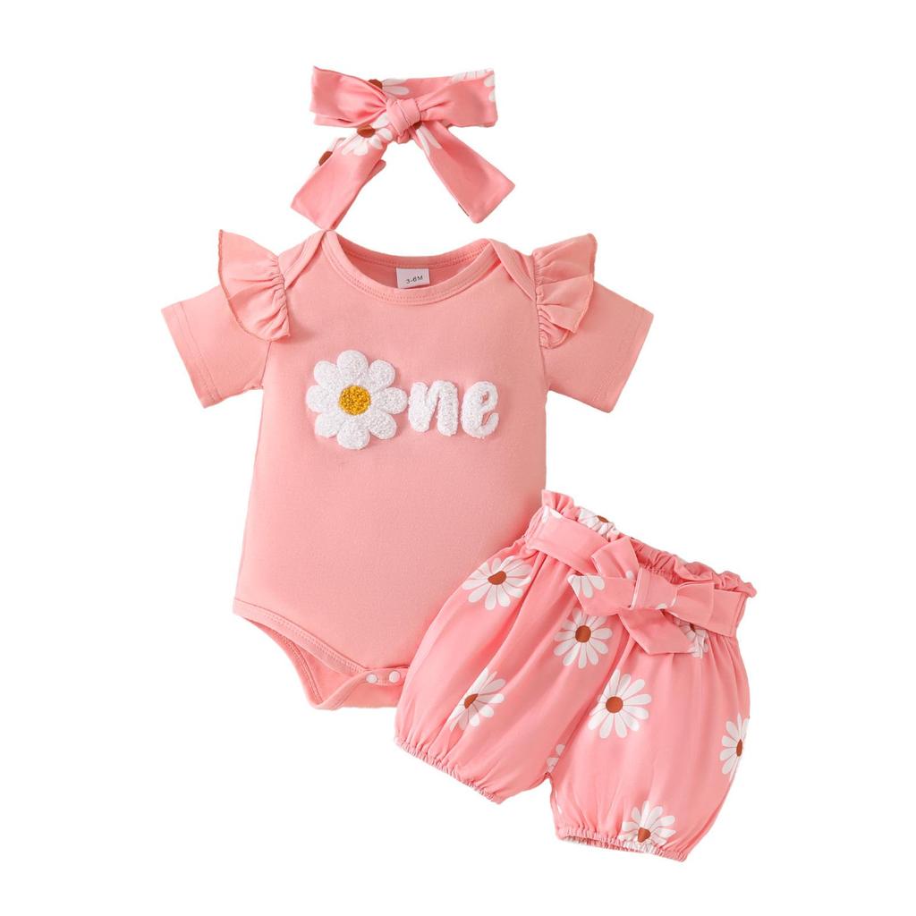 Summer Baby Bodysuit & Shorts Set with Embroidered Towel Lettering and Lace-Up Floral Shorts